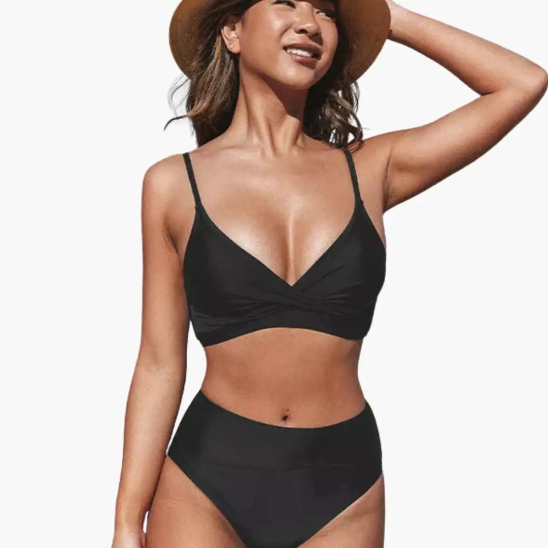 Maillot deux pièces taille haute stretch col rond bretelles réglables
