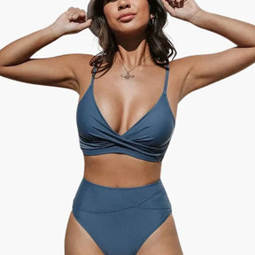 Maillot deux pièces taille haute stretch col rond bretelles réglables