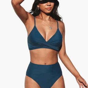 Maillot deux pièces taille haute stretch col rond bretelles réglables