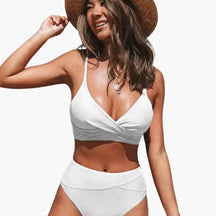 Maillot deux pièces taille haute stretch col rond bretelles réglables