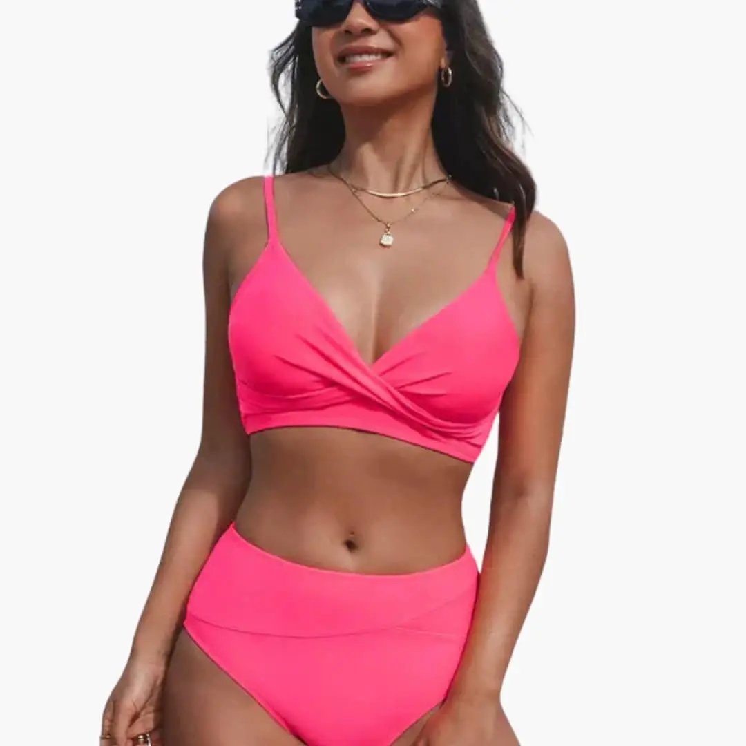 Maillot deux pièces taille haute stretch col rond bretelles réglables