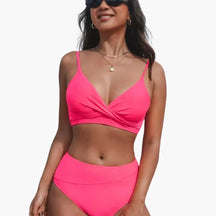 Maillot deux pièces taille haute stretch col rond bretelles réglables