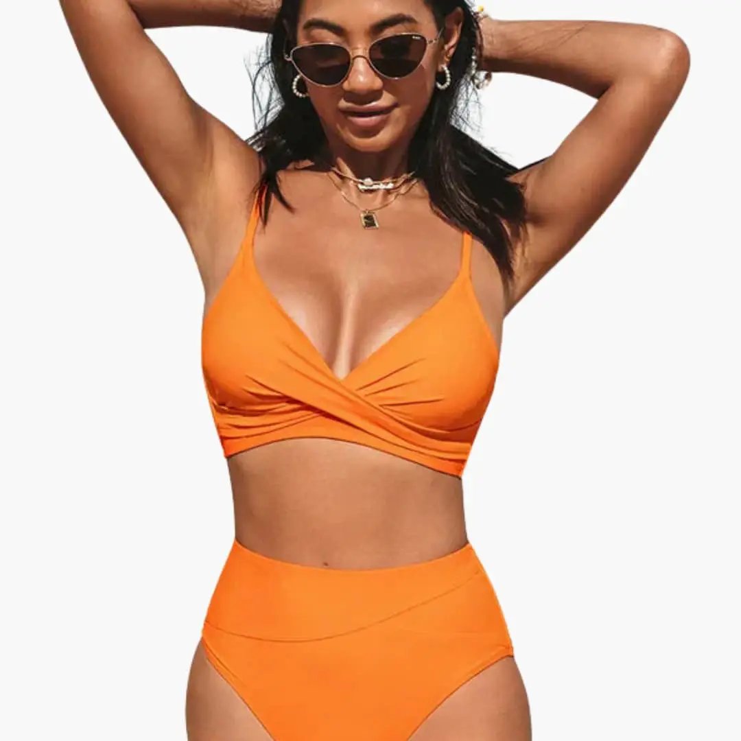Maillot deux pièces taille haute stretch col rond bretelles réglables