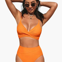 Maillot deux pièces taille haute stretch col rond bretelles réglables