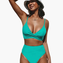 Maillot deux pièces taille haute stretch col rond bretelles réglables