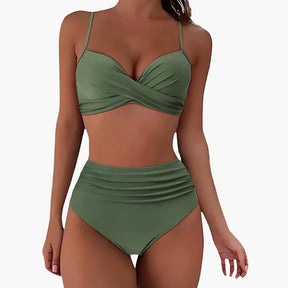 Maillot deux pièces taille haute extensible col arrondi réglable plage