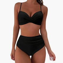 Maillot deux pièces taille haute extensible col arrondi réglable plage
