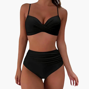Maillot deux pièces taille haute extensible col arrondi réglable plage