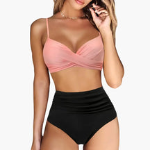 Maillot deux pièces taille haute extensible col arrondi réglable plage