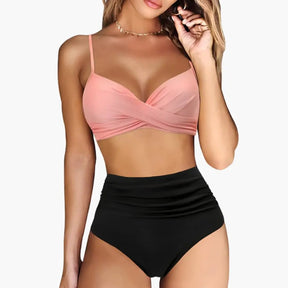 Maillot deux pièces taille haute extensible col arrondi réglable plage