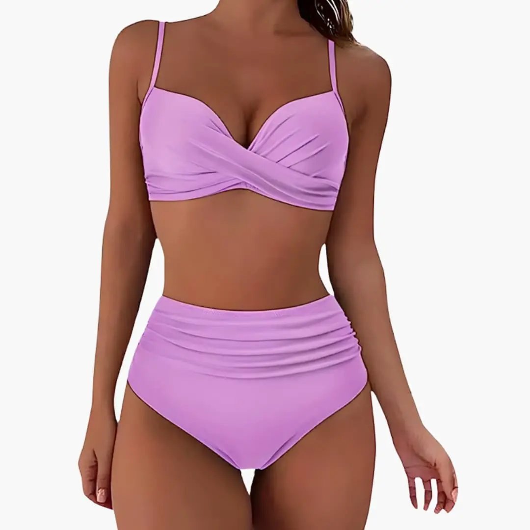 Maillot deux pièces taille haute extensible col arrondi réglable plage
