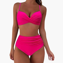 Maillot deux pièces taille haute extensible col arrondi réglable plage