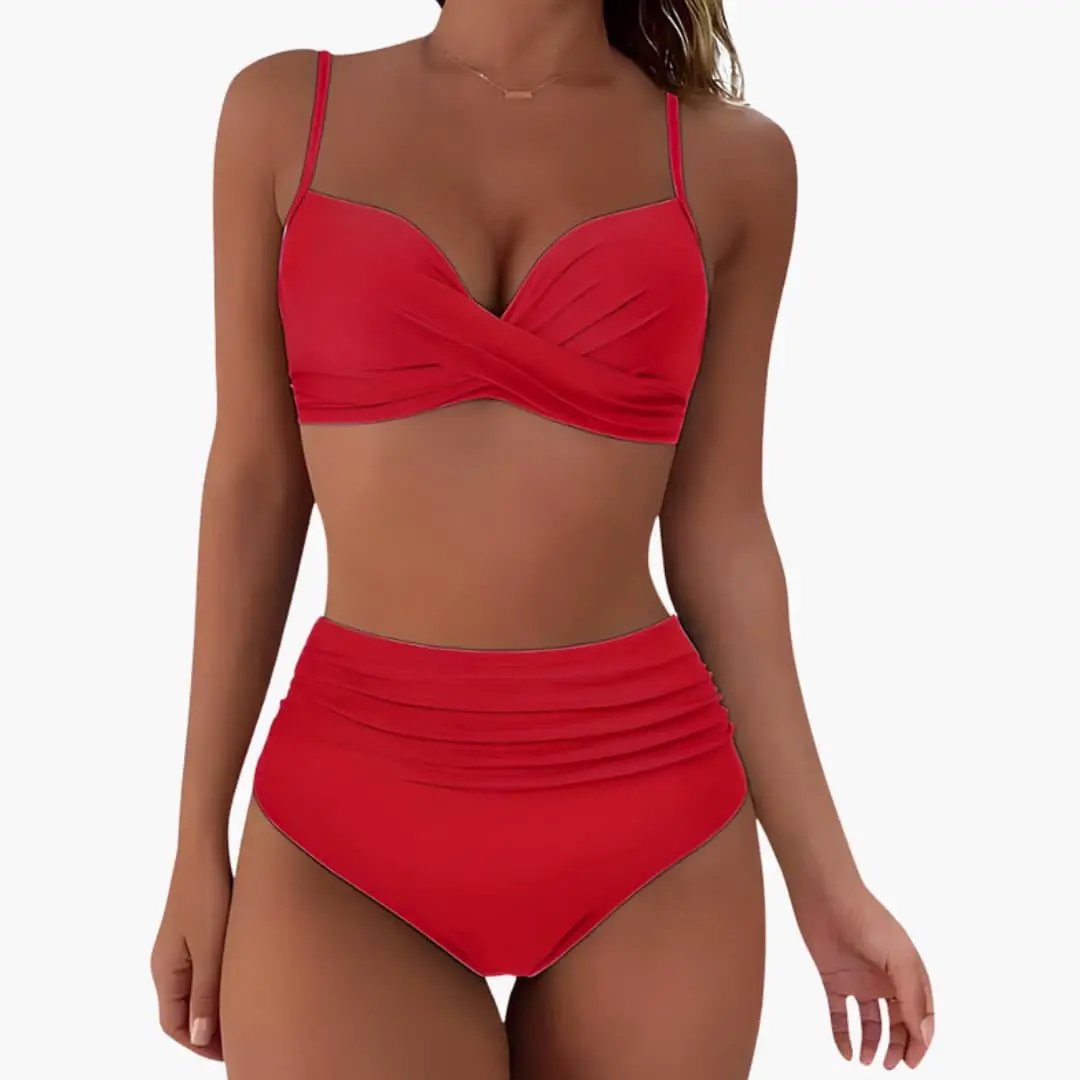 Maillot deux pièces taille haute extensible col arrondi réglable plage
