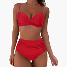 Maillot deux pièces taille haute extensible col arrondi réglable plage