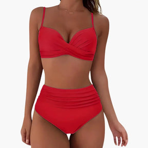 Maillot deux pièces taille haute extensible col arrondi réglable plage