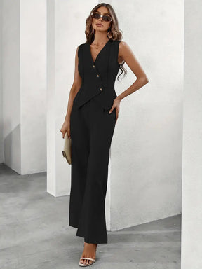 Tailleur pantalon structuré femme blazer sans manches asymétrique pantalon large