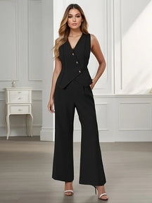 Tailleur pantalon structuré femme blazer sans manches asymétrique pantalon large