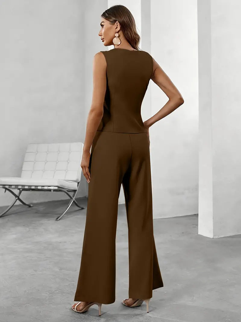 Tailleur pantalon structuré femme blazer sans manches asymétrique pantalon large