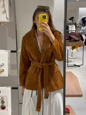 Manteau en Suède pour Femme - Chic avec Ceinture et Poches Fonctionnelles