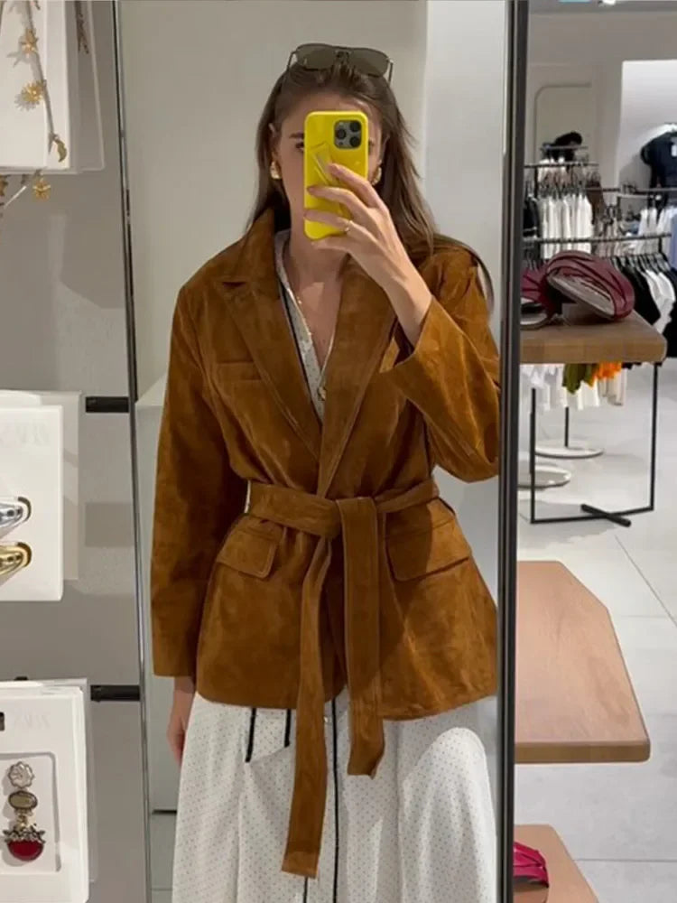 Manteau en Suède pour Femme - Chic avec Ceinture et Poches Fonctionnelles
