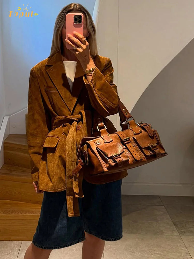 Manteau en Suède pour Femme - Chic avec Ceinture et Poches Fonctionnelles