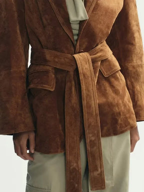 Manteau en Suède pour Femme - Chic avec Ceinture et Poches Fonctionnelles