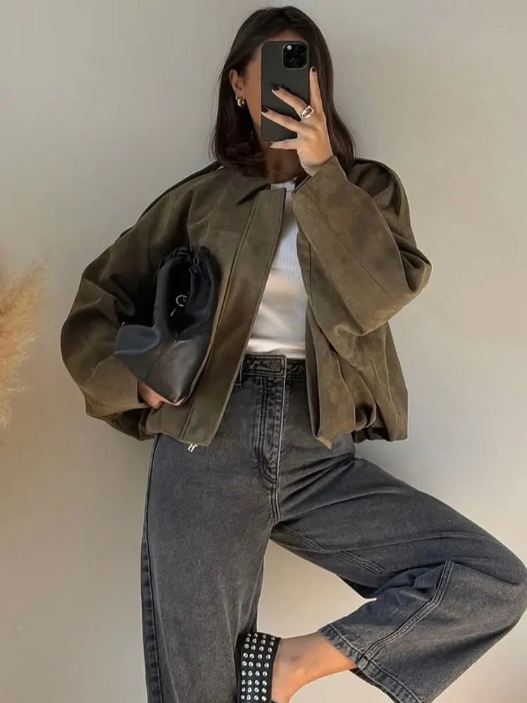 Veste Bomber en Suède pour Femmes - Style Vintage et Confort Ample