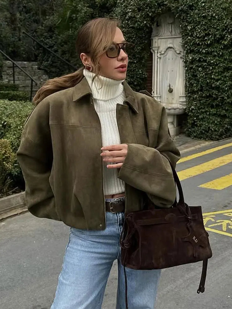 Veste Bomber en Suède pour Femmes - Style Vintage et Confort Ample