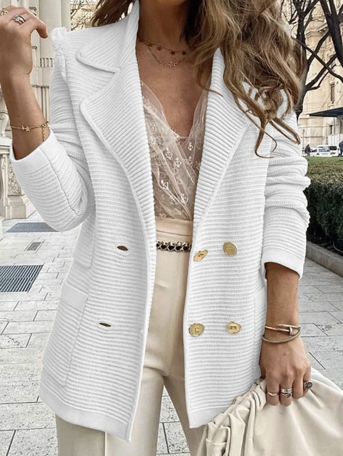 Veste Femme Élégante à Double Boutonnage - Texture Côtelée et Col Revers Sophistiqué