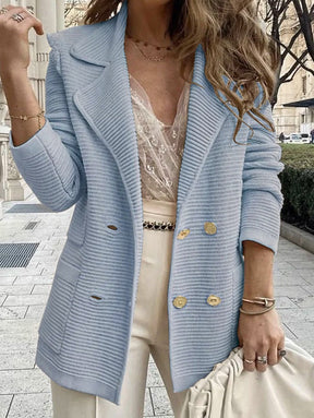 Veste Femme Élégante à Double Boutonnage - Texture Côtelée et Col Revers Sophistiqué