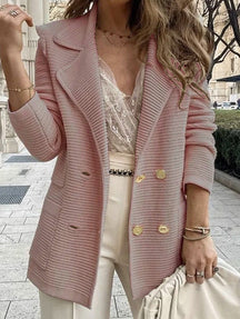 Veste Femme Élégante à Double Boutonnage - Texture Côtelée et Col Revers Sophistiqué