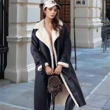 Manteau Long en Cuir Femme - Doublure en Peluche et Revers Larges
