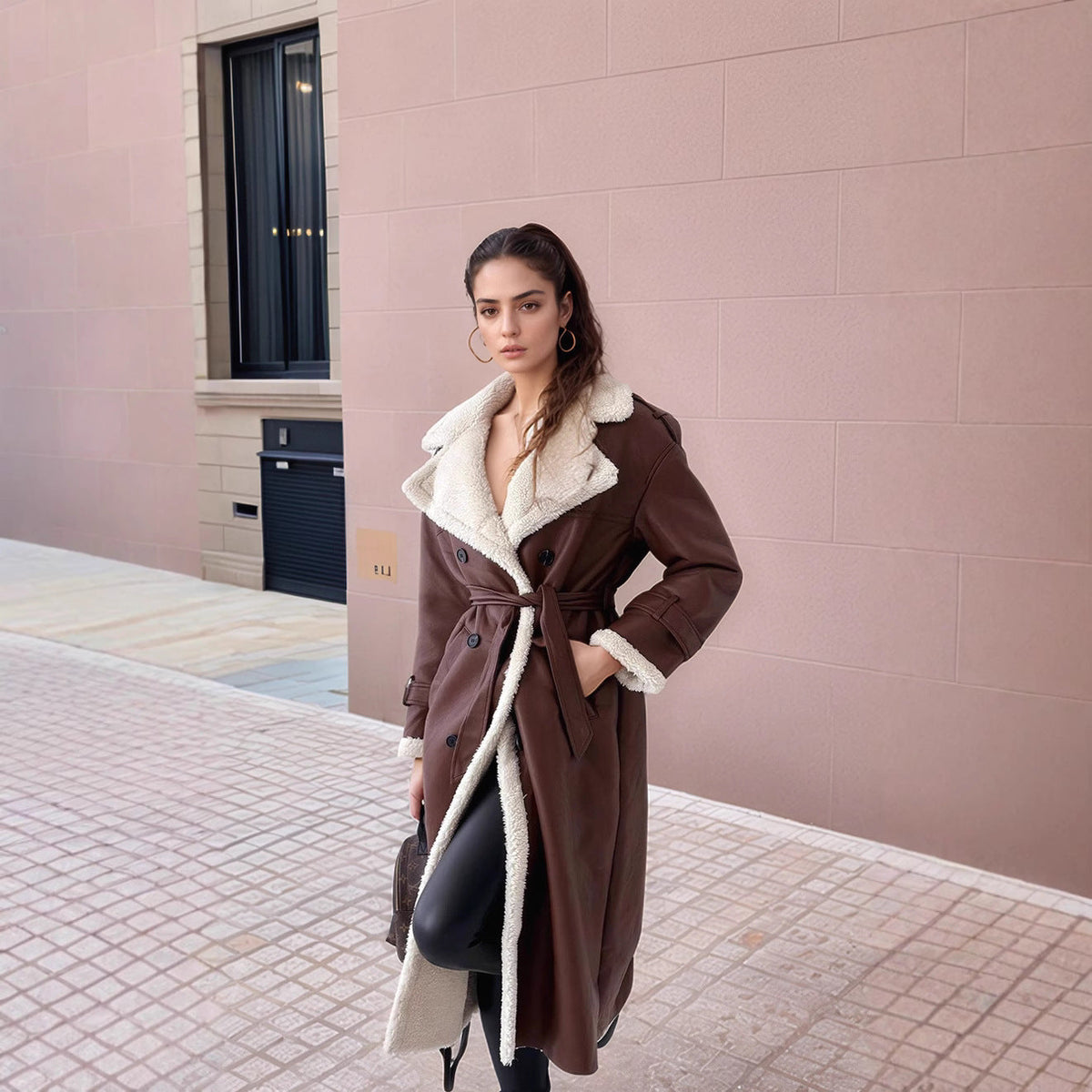 Manteau Long en Cuir Femme - Doublure en Peluche et Revers Larges