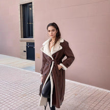 Manteau Long en Cuir Femme - Doublure en Peluche et Revers Larges