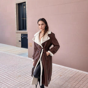 Manteau Long en Cuir Femme - Doublure en Peluche et Revers Larges
