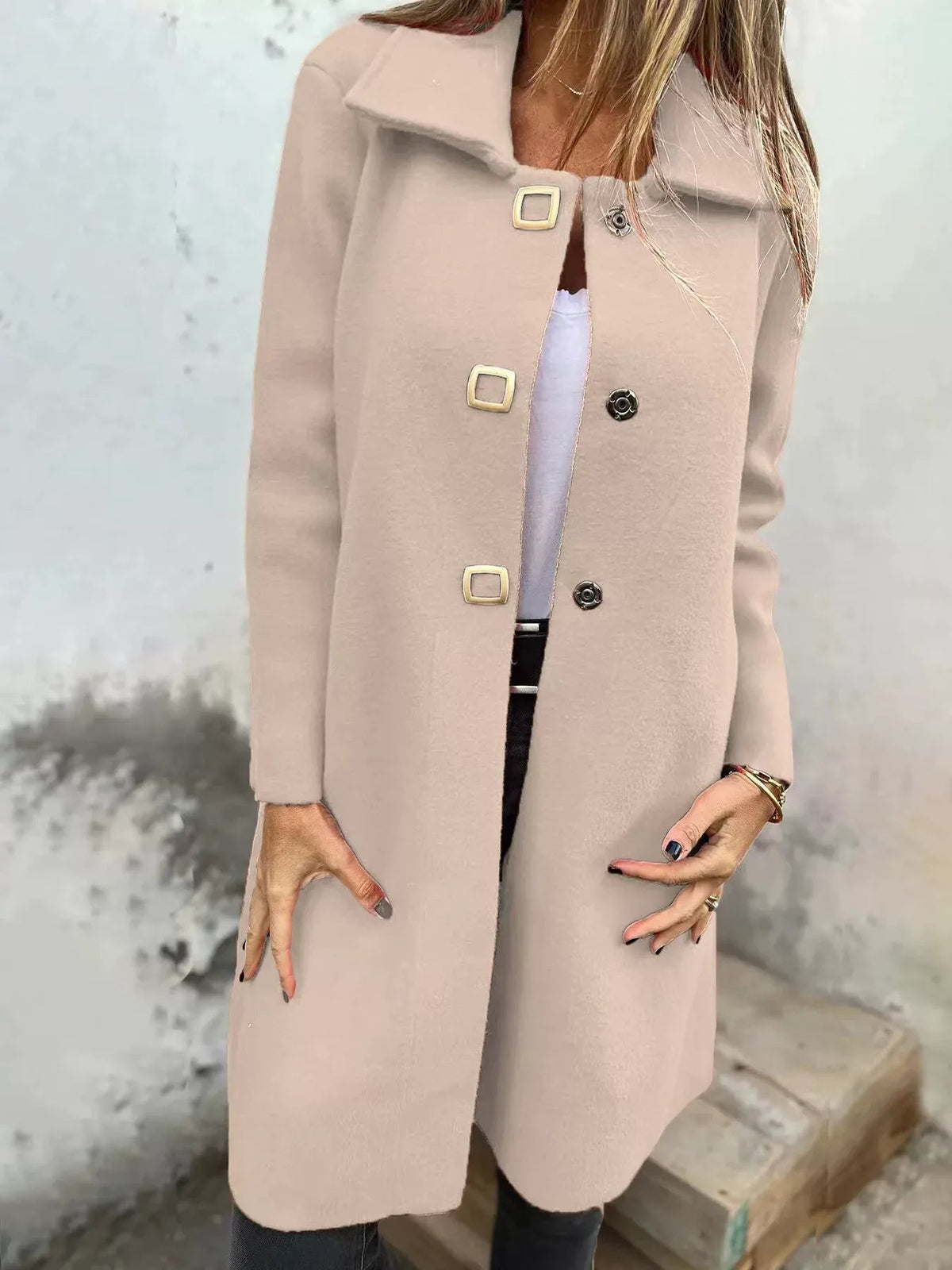 Manteau en Laine Femme - Mi-Long à Boutonnage Simple et Revers Large
