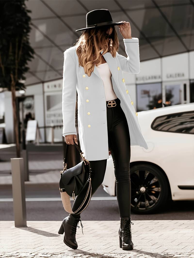 Manteau en Laine pour Femmes - Élégance avec Double Boutonnage et Boutons Dorés