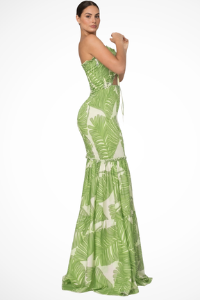 Robe Longue Imprimée Tropicale | Élégante et Sans Bretelles