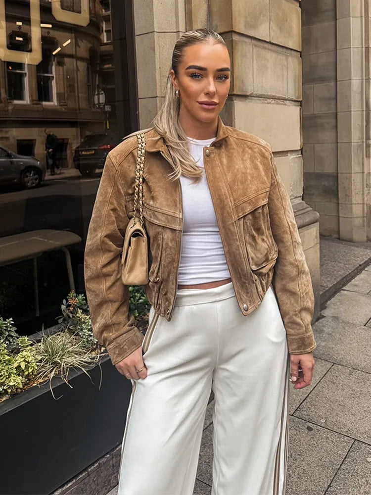 Veste en Daim Vintage pour Femmes - Poches Zippées et Coupe Décontractée