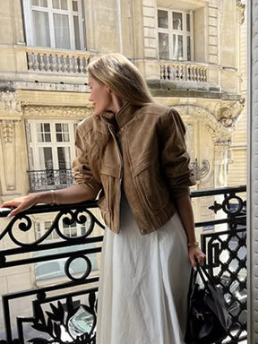 Veste en Daim Vintage pour Femmes - Poches Zippées et Coupe Décontractée