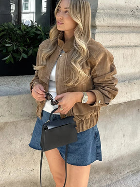 Veste en Daim Vintage pour Femmes - Poches Zippées et Coupe Décontractée