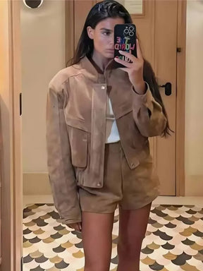 Veste en Daim Vintage pour Femmes - Poches Zippées et Coupe Décontractée