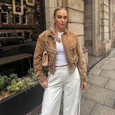 Veste en Daim Vintage pour Femmes - Poches Zippées et Coupe Décontractée