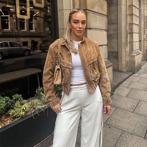 Veste en Daim Vintage pour Femmes - Poches Zippées et Coupe Décontractée