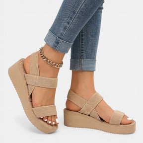 Sandales compensées tissu tressé bout ouvert multiple brides femme chic