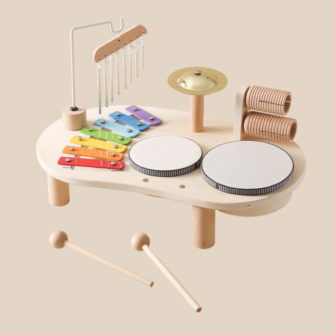 Table de Musique en Bois pour Enfants - Instrument Éducatif avec Tambours et Xylophone