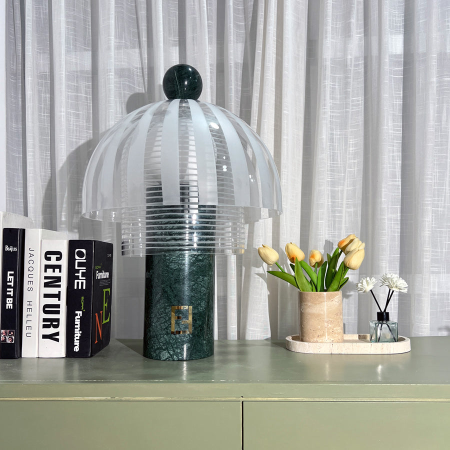Lampe de Table Élégante en Verre - Base en Marbre Vert et Design Raffiné