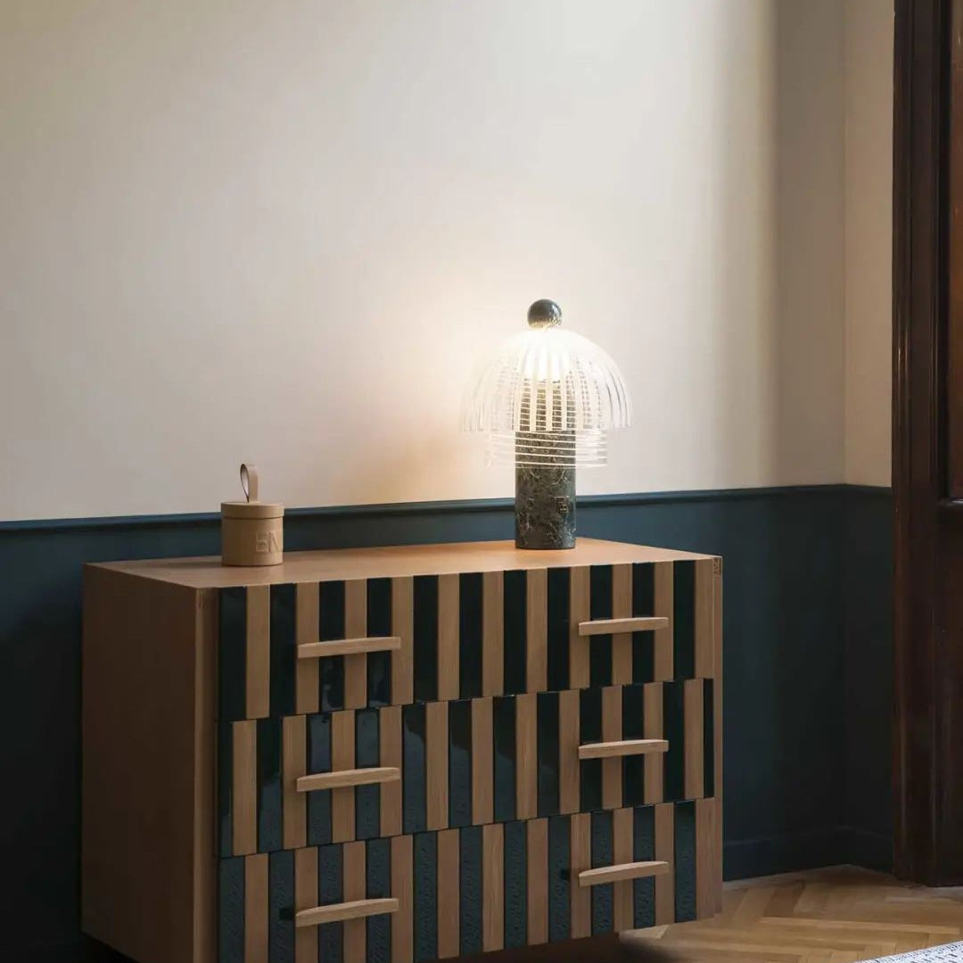 Lampe de Table Élégante en Verre - Base en Marbre Vert et Design Raffiné