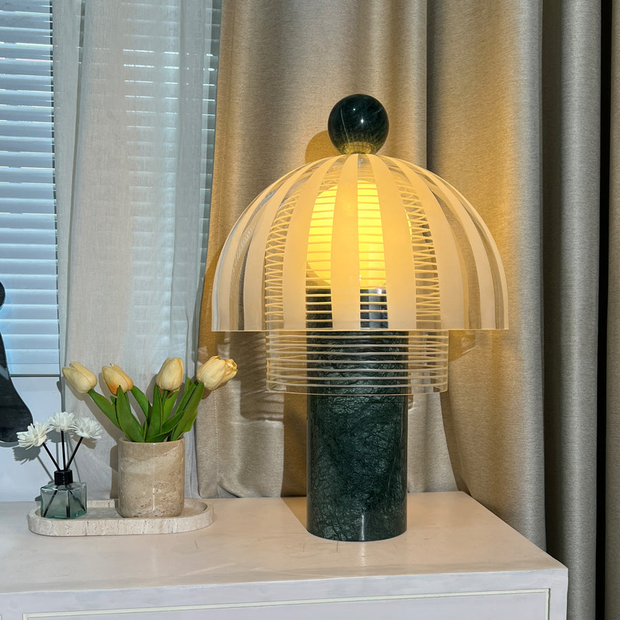 Lampe de Table Élégante en Verre - Base en Marbre Vert et Design Raffiné