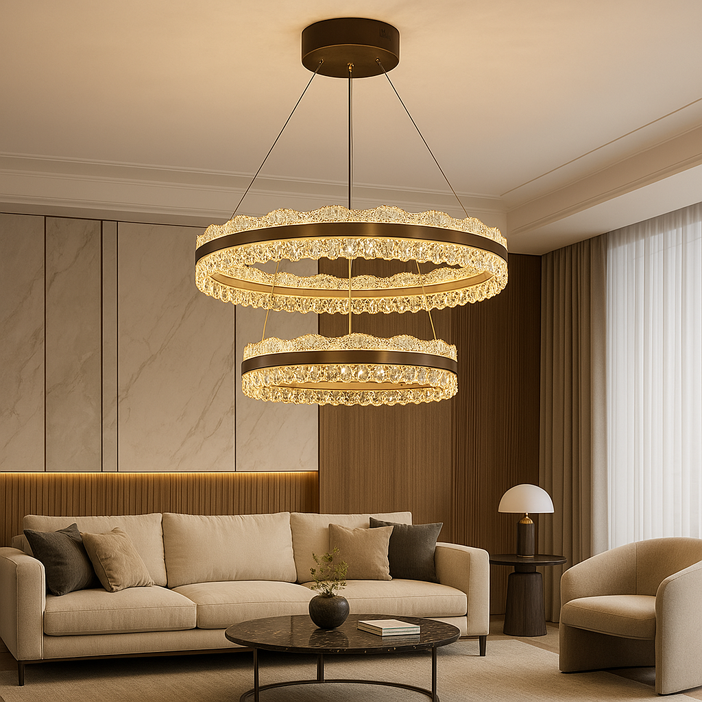 Lustre à 2 Niveaux en Cristaux - Éclairage Luxueux et Ambiance Cozy